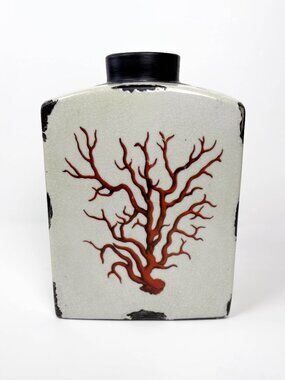 Ceramic Vase Coral Branch Crackle Glaze Red Cream Distressed Coastal Boho Decor